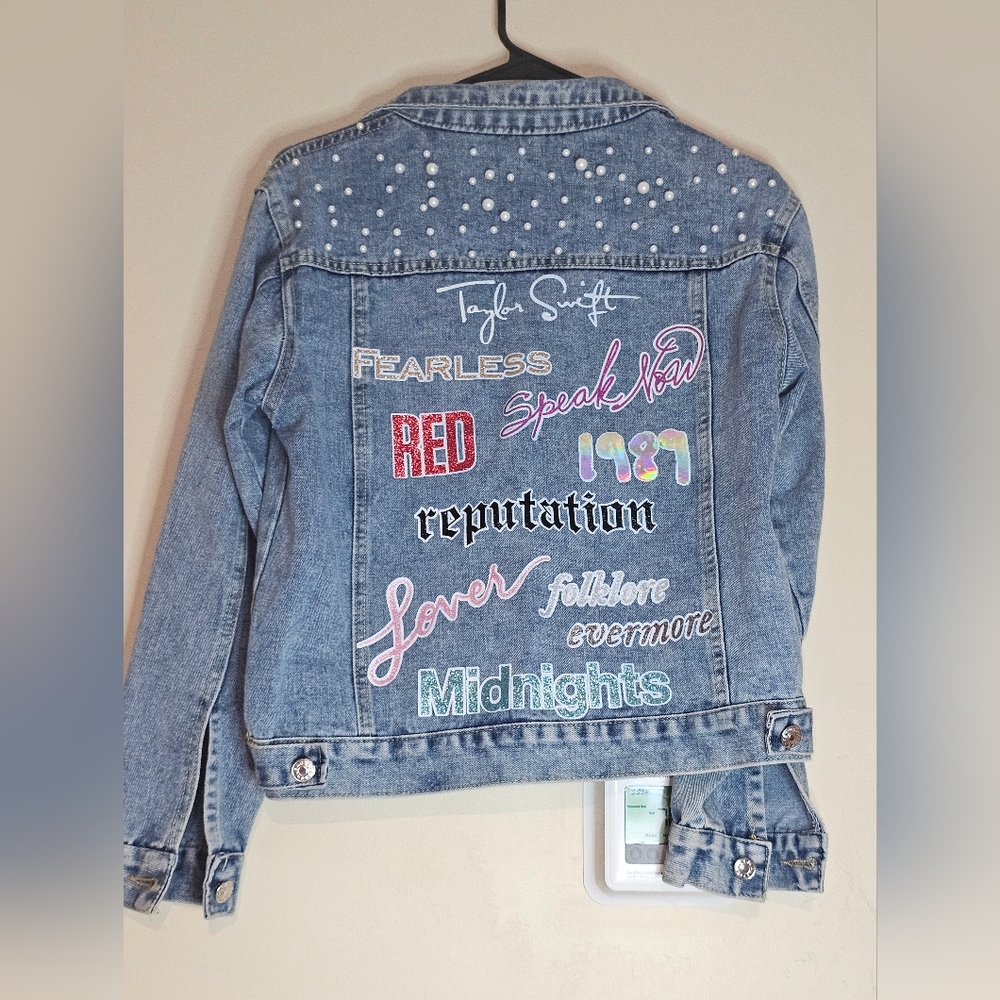 Taylor Swift Lyrics Swifties One Of A Kind Rhinestone Pearls Jean Jacket Denim S